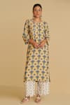 Sage Saga_Yellow , , Bansuri Suvaarn Floral Print Kurta Pant Set _Online_at_Aza_Fashions