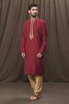 Buy_Samyukta Singhania_Maroon Kurta Slub Silk Mandarin Collar Set _at_Aza_Fashions