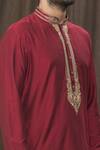 Shop_Samyukta Singhania_Maroon Kurta Slub Silk Mandarin Collar Set _Online_at_Aza_Fashions