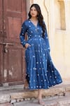Gulaal_Blue Modal Satin Printed Hand Tie-dyed Bandhani V Neck Maxi Dress _Online_at_Aza_Fashions