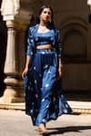 Gulaal_Blue Modal Satin Printed Hand Tie-dyed Bandhani Lapel Shrug And Straight Pant Set _at_Aza_Fashions