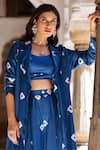 Shop_Gulaal_Blue Modal Satin Printed Hand Tie-dyed Bandhani Lapel Shrug And Straight Pant Set _at_Aza_Fashions