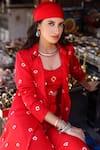 Gulaal_Red Modal Satin Printed Hand Tie-dyed Bandhani Lapel Shrug And Straight Pant Set_at_Aza_Fashions