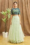 Khwaab by Sanjana Lakhani_Green Blouse Silk Embroidered Sequin Pleated Flora Lehenga Set_Online_at_Aza_Fashions