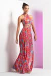 Buy_Mandira Wirk_Multi Color Chiffon Printed Abstract Halter Neck Mesh Dress_Online_at_Aza_Fashions