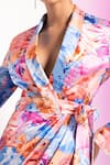 Shop_Mandira Wirk_Multi Color Satin Abstract Shawl Collar Floral Camo Romper Dress _at_Aza_Fashions