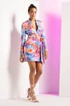 Shop_Mandira Wirk_Multi Color Satin Abstract Shawl Collar Floral Camo Romper Dress _Online_at_Aza_Fashions