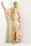 Mandira Wirk_Multi Color Satin Printed Floral One Shoulder Rush Kaftan_Online_at_Aza_Fashions
