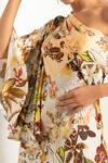 Shop_Mandira Wirk_Multi Color Satin Printed Floral One Shoulder Rush Kaftan_at_Aza_Fashions