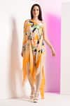 Buy_Mandira Wirk_Multi Color Spandex And Chiffon Round Cornhusk Abstract Pattern Bodysuit With Cape _at_Aza_Fashions