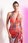 Shop_Mandira Wirk_Multi Color Spandex And Chiffon Printed Floral Plunging V Bodysuit With Wrap _at_Aza_Fashions