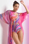 Shop_Mandira Wirk_Multi Color Spandex And Chiffon Asymmetric Marma Cutout Bodysuit With Cape _at_Aza_Fashions