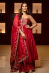 Buy_PUNIT BALANA_Red Chanderi Silk Embroidery Marodi Notched Yoke Anarkali Gharara Set  _at_Aza_Fashions