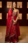 PUNIT BALANA_Red Chanderi Silk Embroidery Marodi Notched Yoke Anarkali Gharara Set  _Online_at_Aza_Fashions