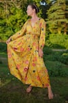 Buy_RAAS LIFE_Yellow Vegan Silk Printed Kyaari V Neck Kali Maxi Dress  _at_Aza_Fashions