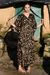 RAAS LIFE_Black Velvet V-neck Lata Printed Kaftan _at_Aza_Fashions