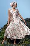 Buy_Raas Life_Cream Velvet Embroidery V-neck Malini Jhilmil Floral Print Maxi Dress _Online_at_Aza_Fashions