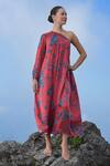 Buy_Raas Life_Red Velvet Embroidery One Shoulder Maya Floral Daali Print Dress _at_Aza_Fashions