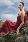Raas Life_Red Velvet Embroidery One Shoulder Maya Floral Daali Print Dress _Online_at_Aza_Fashions