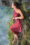 Shop_Raas Life_Red Velvet Embroidery One Shoulder Maya Floral Daali Print Dress _Online_at_Aza_Fashions