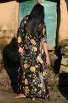 Shop_RAAS LIFE_Black Velvet Round Neck Vegan Silk Floral Print Kaftan _at_Aza_Fashions