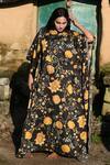 RAAS LIFE_Black Velvet Round Neck Vegan Silk Floral Print Kaftan _Online_at_Aza_Fashions