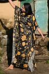RAAS LIFE_Black Velvet Round Neck Vegan Silk Floral Print Kaftan _at_Aza_Fashions