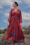 Buy_RAAS LIFE_Red Velour Embroidery V-neck Shringara Vegan Silk Printed Maxi Dress _at_Aza_Fashions