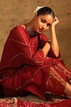 Shop_Trendy tokari_Red Silk Chanderi Embroidery Metallic Thread Round Kurta Pant Set 