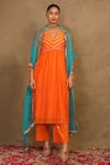 Trendy tokari_Orange Silk Chanderi Embroidery Gota V Lace Yoke Kurta Pant Set _Online_at_Aza_Fashions
