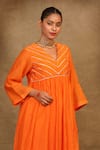 Trendy tokari_Orange Silk Chanderi Embroidery Gota V Lace Yoke Kurta Pant Set _at_Aza_Fashions
