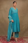 Buy_Trendy tokari_Blue Silk Chanderi Embroidery Gota Striped Lace Yoke Kurta Pant Set _at_Aza_Fashions