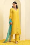 Buy_Trendy tokari_Yellow Silk Tissue Embroidery Sheesha V Kurta Pant Set _Online_at_Aza_Fashions