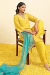 Shop_Trendy tokari_Yellow Silk Tissue Embroidery Sheesha V Kurta Pant Set 