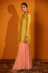 Shop_Sitaraa_Green Chanderi Hand Embroidered Sequins Notched Resham Short Kurta Sharara Set _Online_at_Aza_Fashions