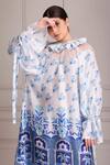 ALPONA DESIGNS BY SOHAM ACHARYA_White Cotton Silk Printed Floral And Palace Ruffle Neck Raglan Sleeve Dress_Online_at_Aza_Fashions