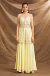 Priti Sahni_Yellow Organza, Georgette Sequins, Zari Sweetheart Embroidered Kurta Gharara Set _at_Aza_Fashions