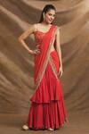 Buy_Priti Sahni_Red Georgette, Silk Border Embroidered Pre-stitched Ruffle Saree With Blouse _at_Aza_Fashions
