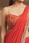 Priti Sahni_Red Georgette, Silk Border Embroidered Pre-stitched Ruffle Saree With Blouse _at_Aza_Fashions