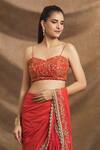 Shop_Priti Sahni_Red Georgette, Silk Border Embroidered Pre-stitched Ruffle Saree With Blouse _at_Aza_Fashions