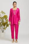 Naintara Bajaj_Pink Chanderi, Cotton Mirrors Round Neck Mukaish Embroidered Tunic With Pant _Online_at_Aza_Fashions