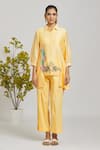 Naintara Bajaj_Yellow Tunic Chanderi Embroidered Thread Shirt Collar Cut-out Hem With Pant_Online_at_Aza_Fashions