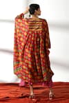 Shop_Leela By A_Red Chanderi Sequins, Embroidery Round Neck Temple Arch Print Kaftan With Inner _at_Aza_Fashions