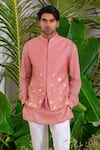 Buy_Runit Gupta_Pink Chanderi Silk Hand Embroidered Monstera Bundi  _at_Aza_Fashions