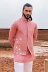 Shop_Runit Gupta_Pink Bundi Chanderi Silk Hand Embroidered Monstera And Kurta Set  _Online_at_Aza_Fashions