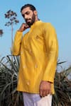 Shop_Runit Gupta_Yellow Kurta Chanderi Silk Hand Embroidered Moth Short And Pant Set  _at_Aza_Fashions