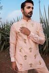 Shop_Runit Gupta_Peach Kurta Chanderi Silk Hand Embroidered Khidki Palace Short Set  _at_Aza_Fashions