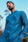 Runit Gupta_Blue Kurta Chanderi Silk Hand Embroidered Abstract Short Set  _at_Aza_Fashions