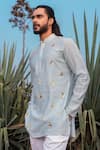 Buy_Runit Gupta_Blue Kurta Chanderi Silk Hand Embroidered Lotus Paradise Short Set  _Online_at_Aza_Fashions