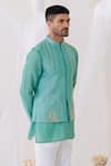 Shop_Runit Gupta_Blue Chanderi Silk Hand Dyed Camel And Summer Embroidered Bundi Kurta Set _at_Aza_Fashions